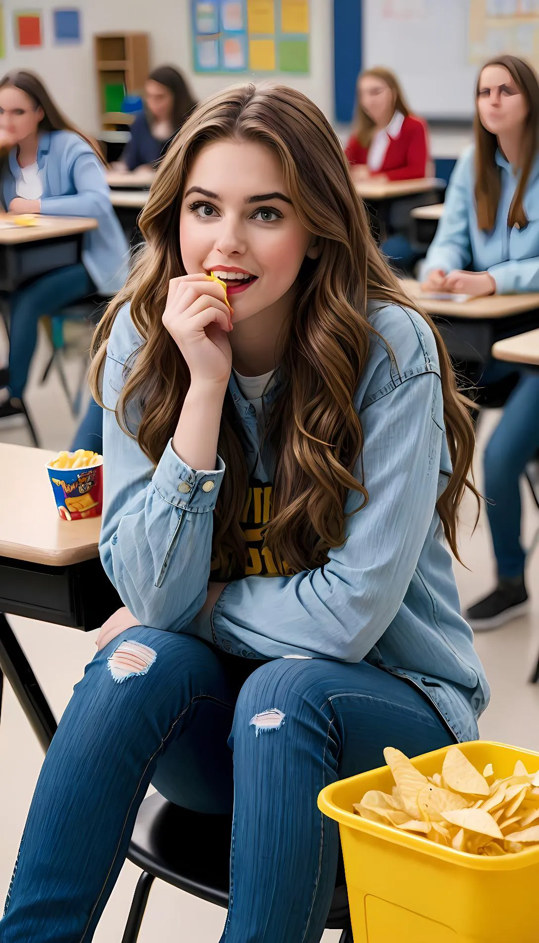 Museland-Stacy annoyingly eating chips in class.-big-fat-Stacy-Becca