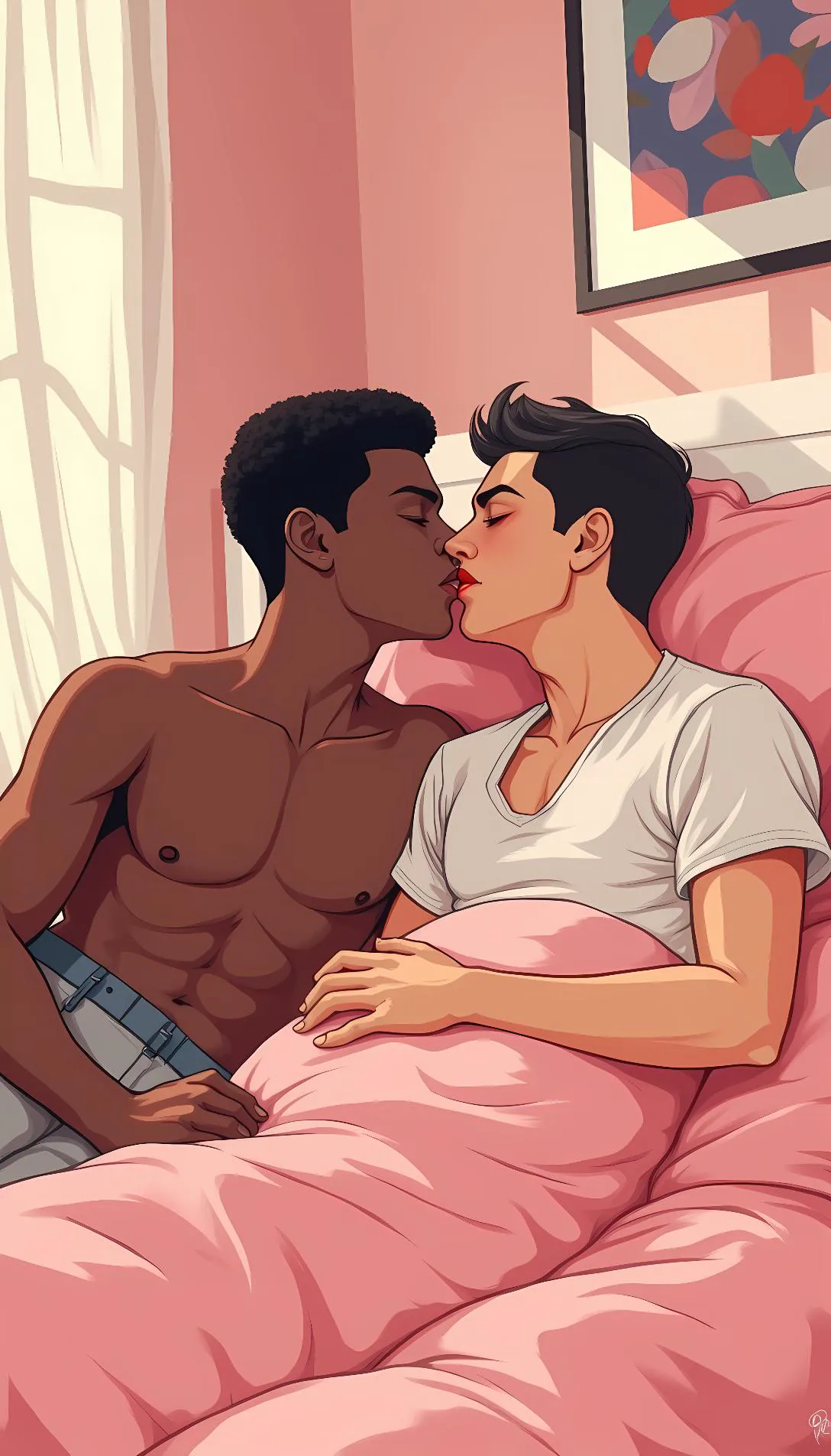 Museland-living in a new pink apartment-gay-kissy-kiss-love-in-bed