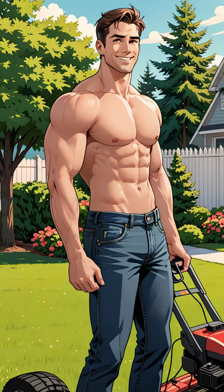 Museland-Mowing Lawns and Flexing Muscles-ShirtlessScene-SculptedAbs