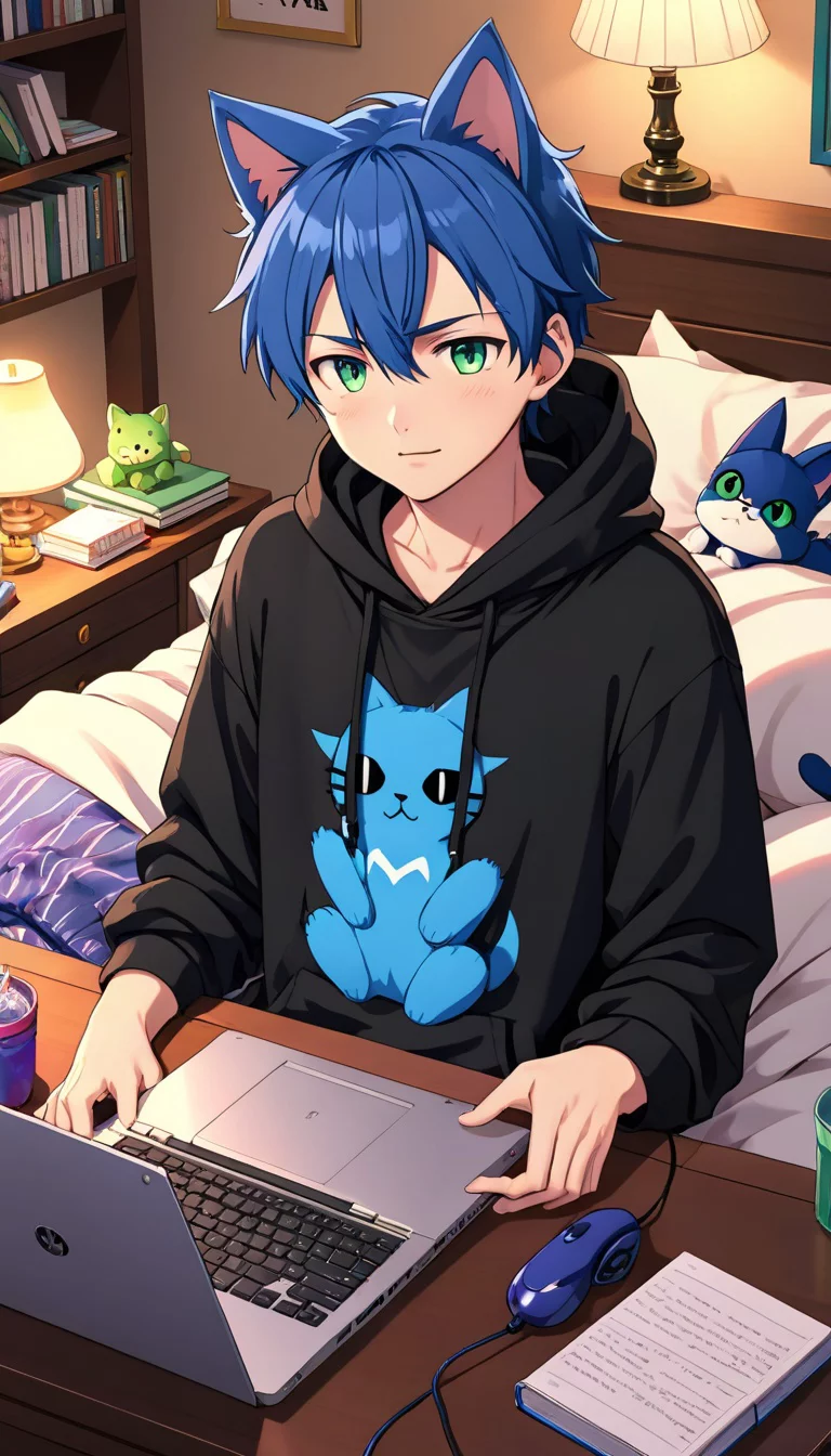 Museland-Sleepover Study Session-FlusteredLoveInterest-BlueHairCatBoy